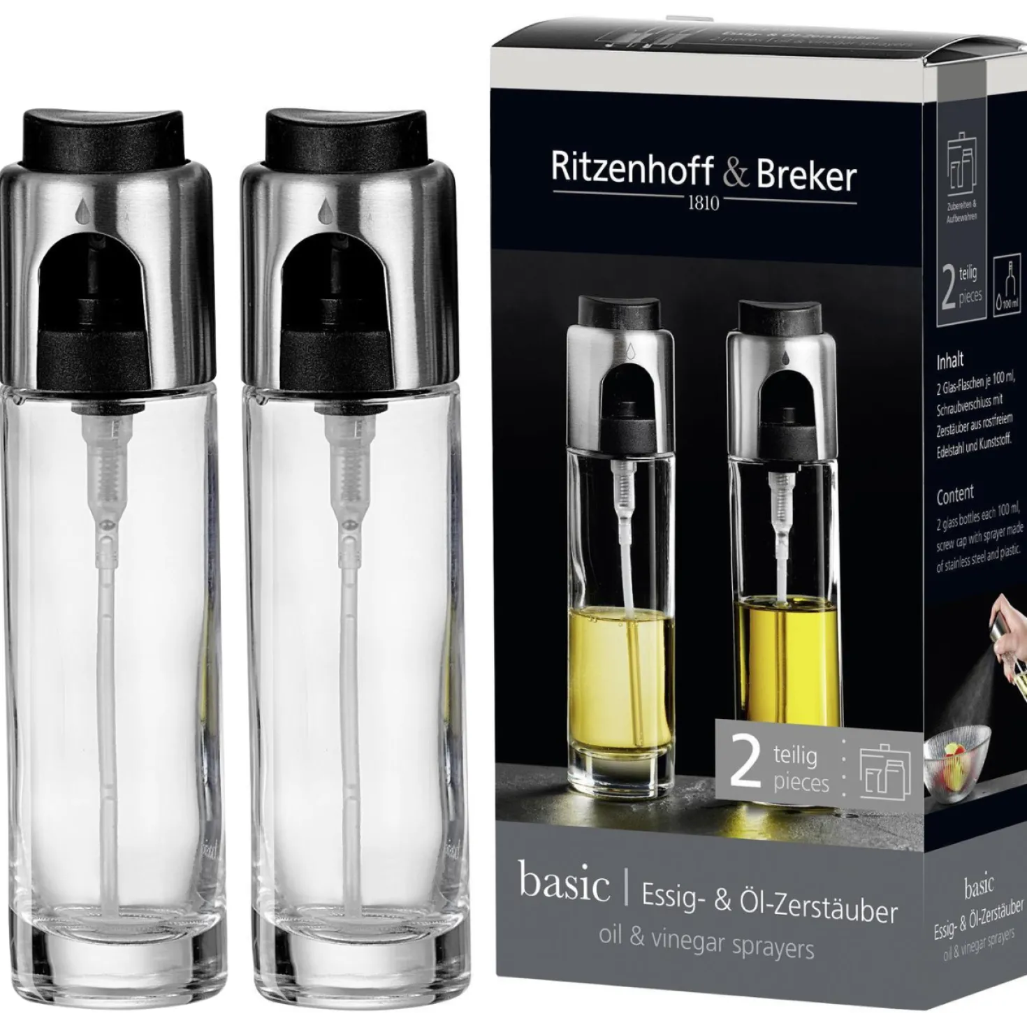 Essig + Ölflaschen-Set Basic | 2-teilig | 100 ml | Zerstäuber